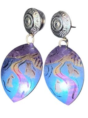 Vintage Holly Yashi Blue Silver Niobium Dog Wolf Dangle Earrings